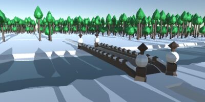 A close-up of the digital portion of the game. God Trainee uses a low-poly artstyle to complement the winter style of the game and makes it possible to show a multitude of objects without slowing down the gameplay.