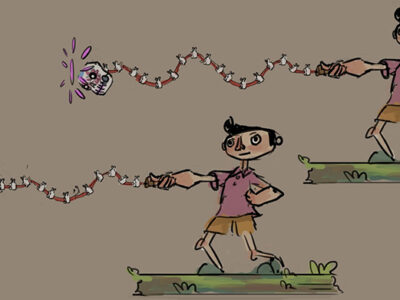 Original Concept Art produced during the Pre-Production fase. This shows the main mechanic of the game: flailing around Latigo like a whip. These illustrations show attacks Nino could do using Latigo's head and flame breath to break objects and attack enemies. We decided to keep it simple and only use Latigo's head for all possible actions.