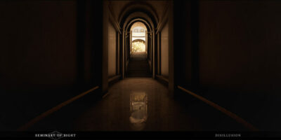 A dark hallway that leads to a room with mural drawings